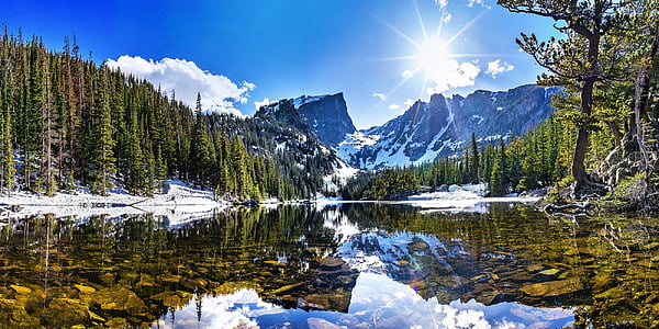 lake near snow coated mountain during daytime thumbnail