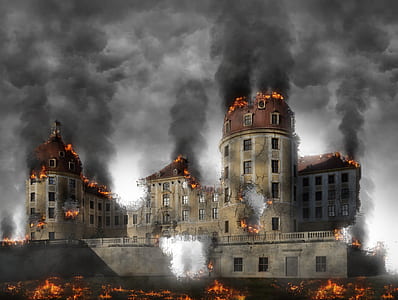 gray and brown concrete building with fire thumbnail