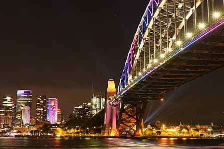 low angle photography of lighted bridge thumbnail