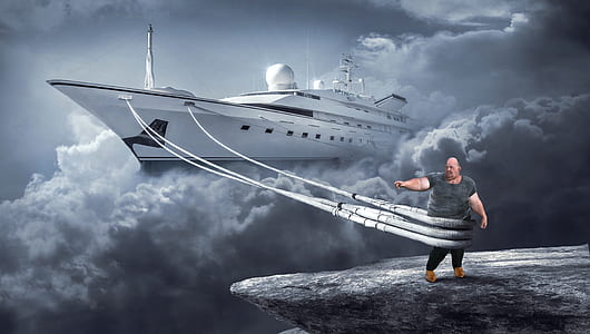 man in gray shirt dragging white cruise ship through clouds thumbnail