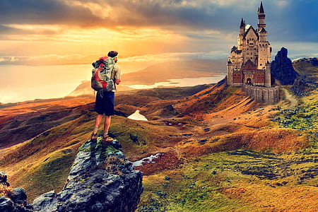 man wearing gray and red backpack looking into a gray castle thumbnail
