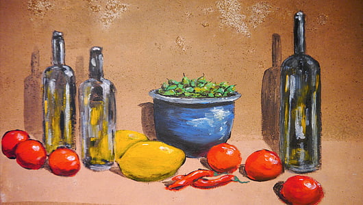 variety of fruits with three bottles painting thumbnail