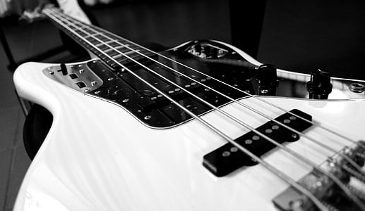 white and black electric bass guitar thumbnail
