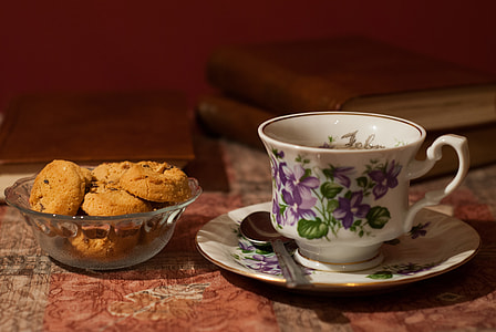 white and purple floral ceramic tea cup thumbnail