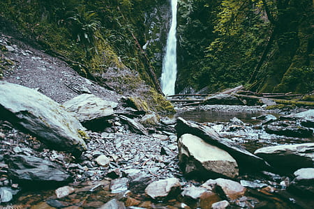 landscape photo of waterfalls flowing into river thumbnail