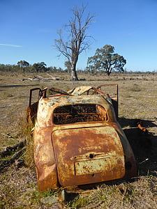 wrecked rusted car in front of bare tree thumbnail