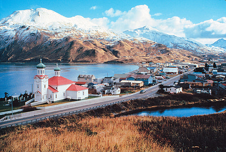 Hilltop view of Unalaska in January in Alaska thumbnail