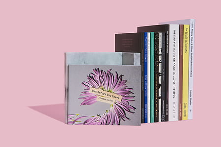 assorted-title standing books on pink surface with shadow thumbnail