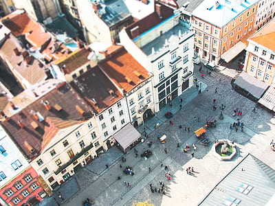 bird's eye view of people standing near building thumbnail