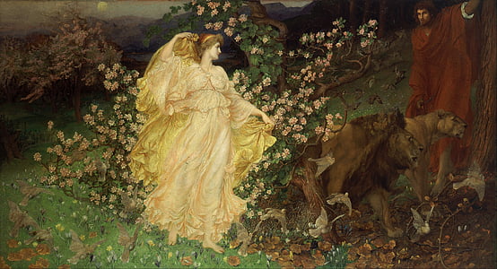 painting of woman wearing yellow dress near lion and lioness and man wearing red robe near tree thumbnail