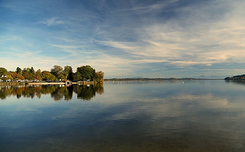 body of water beside trees under white clouds and blue sky at daytime thumbnail
