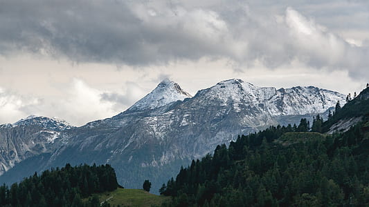 snow capped mountains surrounded with trees thumbnail