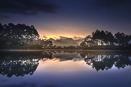 body of water in front of silhouette of trees thumbnail