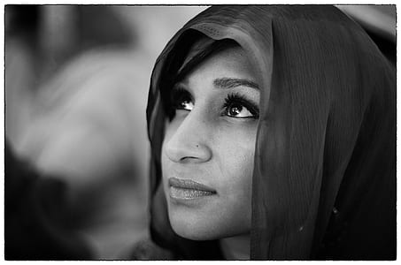 grayscale photography of woman in headscarf thumbnail
