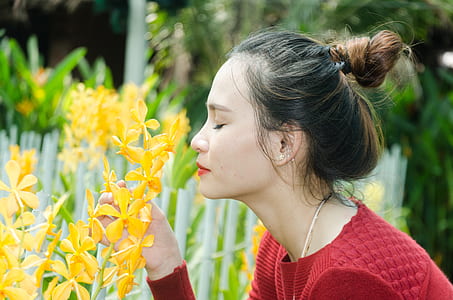 woman in red sweater smelling yellow flowers during daytime thumbnail