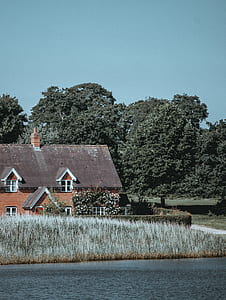 brown 2-storey house surrounded by grass and trees near river thumbnail
