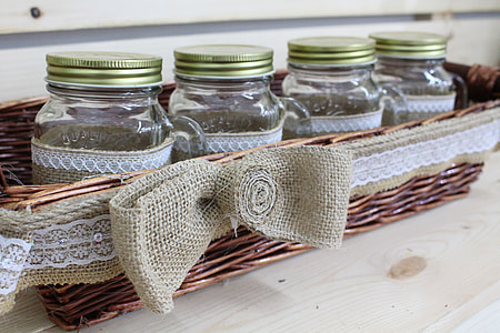 brown wicker tray with three clear mason jars thumbnail