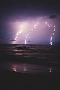lightning on body of water at nighttime thumbnail