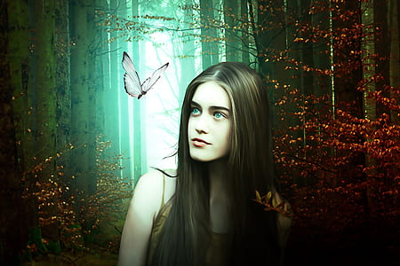 woman in wilderness beside white butterfly thumbnail