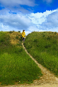 person walking on pathway with green grass during daytime thumbnail