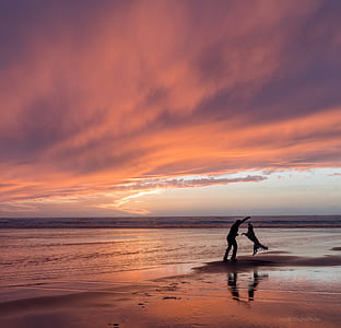 man playing with dog on shore taken during golden hour thumbnail