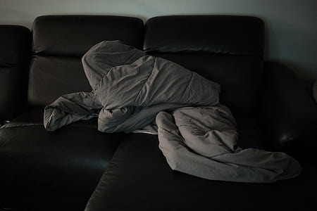 comforter on leather sofa thumbnail