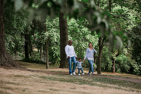man and woman walking along forest thumbnail