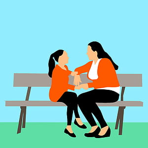 Mother and daughter illustration - sitting on a bench in a park. thumbnail