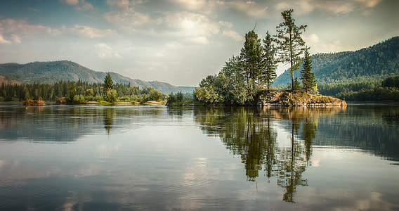 body of water surrounded by trees near mountains at daytime thumbnail
