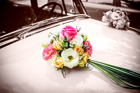 white, yellow and pink rose bouquet on car thumbnail