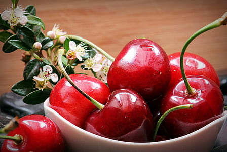 red Cherry fruit in white ceramic bowl thumbnail