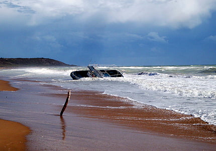black and blue power boat on seashore thumbnail