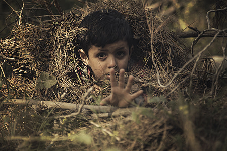 shallow focus photography of a boy under brown hay thumbnail