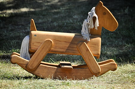 brown rocking horse ride-on toy on grass during daytime thumbnail