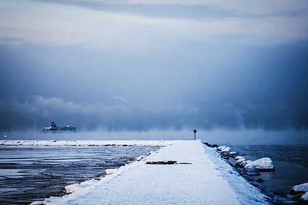 landscape photography of snow and body of water thumbnail