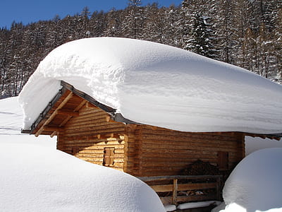 brown wooden shed covered white snow during daytime thumbnail