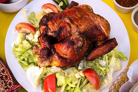 roasted chicken with lettuce and tomatoes on plate thumbnail