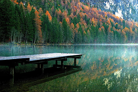 brown wooden dock near mountain range thumbnail