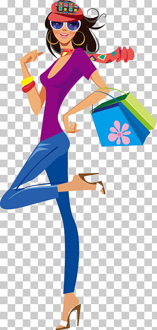 Shopping Clothing Illustration, Fashion shopping girl silhouette, female holding green and blue bags PNG clipart