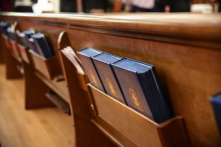 three blue bible on brown wooden pew thumbnail