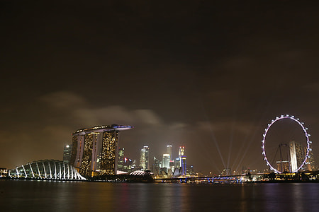lighted ferris wheel near body of water and city buildings during night time thumbnail