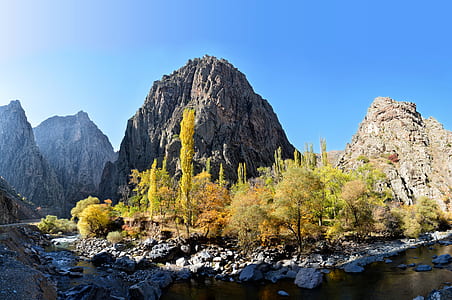 body of water near trees and rock hills thumbnail