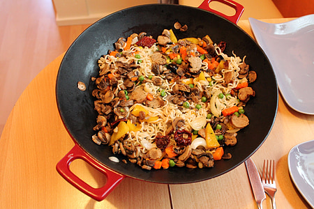 black wok on brown wooden table thumbnail