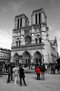 selective color photography of people standing in front of Notre Dame in France thumbnail