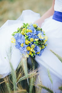 blue hydrangea flowers and green echeverias wedding bouquet thumbnail