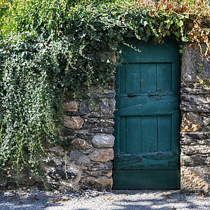 closed black wooden door surrounded with bricks thumbnail