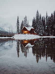 snow covered house beside body of water thumbnail