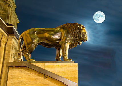 gold lion statue photography under full moon thumbnail