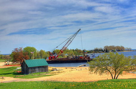 Construction boat on Lake Superior in the Upper Peninsula, Michigan thumbnail