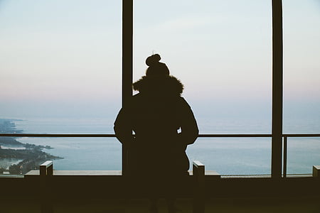 silhouette of person standing near glass wall thumbnail